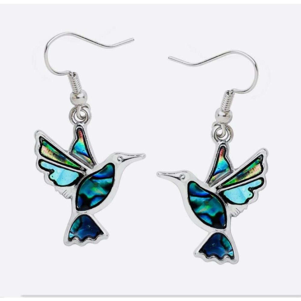 Abalone‎ Hummingbird Earrings Silver Tone